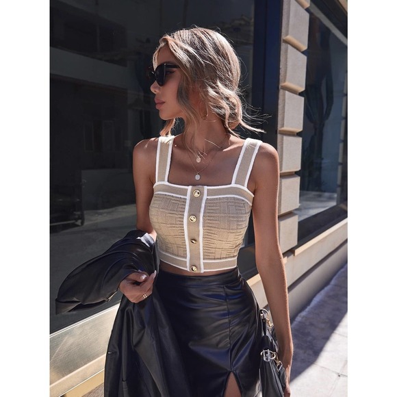 Plazacore preppy Contrast Trim Button Detail Crop Knit Top tan - Picture 1 of 11